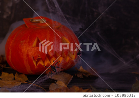 Halloween decorations in smoke, pumpkin, Jack's lantern from pumpkin Halloween decorations in smoke, pumpkin, Jack's lantern from pumpkin 105986312