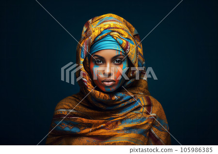 Beautiful black woman in casual clothing with traditional turban. Generative AI 105986385
