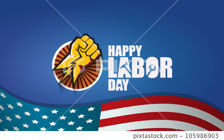 labor day Usa vector label or horizontal background. vector happy labor day poster or horizontal banner with clenched fist isolated on usa flag background . Labor union icon 105986903