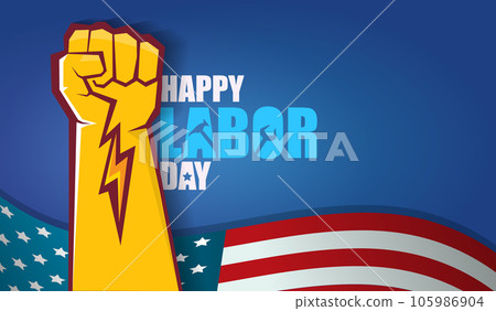 labor day Usa vector label or horizontal background. vector happy labor day poster or horizontal banner with clenched fist isolated on usa flag background . Labor union icon 105986904