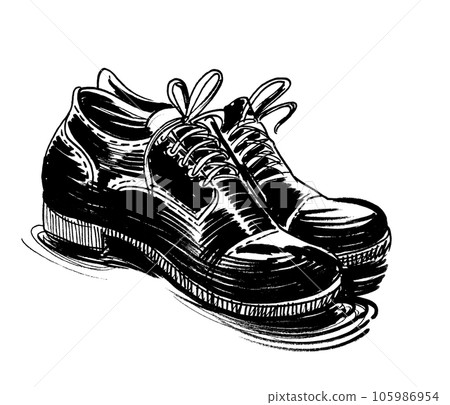 Pair of men's shoes. Hand-drawn retro styled ink black and white drawing 105986954