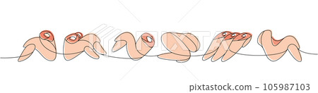 Set of chicken wings one line colored continuous drawing. Raw chicken meat parts continuous one line illustration. Vector linear illustration. 105987103
