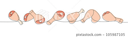 Set of chicken legs one line colored continuous drawing. Raw chicken meat parts continuous one line illustration. Vector linear illustration. Set of chicken legs one line colored continuous drawing. Raw chicken meat parts continuous one line illustration. Vector linear illustration. 105987105