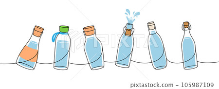 Glass bottles one line colored continuous drawing. Empty glass bottles continuous one line illustration. Vector linear illustration. Glass bottles one line colored continuous drawing. Empty glass bottles continuous one line illustration. Vector linear illustration. 105987109