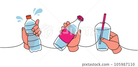 Hands with plastic bottles one line colored continuous drawing. Hands with plastic bottles and glass beaker continuous one line illustration. Hands with plastic bottles one line colored continuous drawing. Hands with plastic bottles and glass beaker continuous one line illustration. 105987110