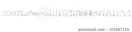 Kitchen utensils one line continuous drawing. Cooking tools and appliances, kitchenware, utensil continuous one line illustration. Kitchen utensils one line continuous drawing. Cooking tools and appliances, kitchenware, utensil continuous one line illustration. 105987119