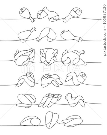 Fresh chicken meat one line continuous drawing. Raw chicken meat parts continuous one line illustration. Vector minimalist linear illustration. Fresh chicken meat one line continuous drawing. Raw chicken meat parts continuous one line illustration. Vector minimalist linear illustration. 105987120