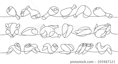 Fresh chicken parts set one line continuous drawing. Raw chicken meat parts continuous one line illustration. Vector minimalist linear illustration. Fresh chicken parts set one line continuous drawing. Raw chicken meat parts continuous one line illustration. Vector minimalist linear illustration. 105987121
