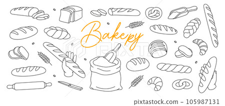 Bakery outline sketch set. Breads line banner. Bakery menu horizontal illustration. Whole grain and wheat bread, pretzel, ciabatta, croissant. Bakery outline sketch set. Breads line banner. Bakery menu horizontal illustration. Whole grain and wheat bread, pretzel, ciabatta, croissant. 105987131