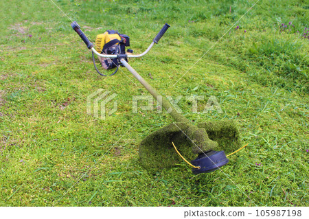 A gasoline lawn mower is lying on the mown grass. 105987198