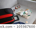 Summer beach accessories for your sea holiday and pills. Concept of medication required in journey. 105987600