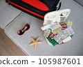 Summer beach accessories for your sea holiday and pills. Concept of medication required in journey. 105987601
