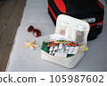 Summer beach accessories for your sea holiday and pills. Concept of medication required in journey. 105987602