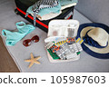 Summer beach accessories for your sea holiday and pills. Concept of medication required in journey. 105987603