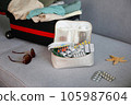 Summer beach accessories for your sea holiday and pills. Concept of medication required in journey. 105987604
