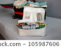 Summer beach accessories for your sea holiday and pills. Concept of medication required in journey. 105987606