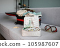 Summer beach accessories for your sea holiday and pills. Concept of medication required in journey. 105987607