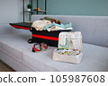 Summer beach accessories for your sea holiday and pills. Concept of medication required in journey. 105987608