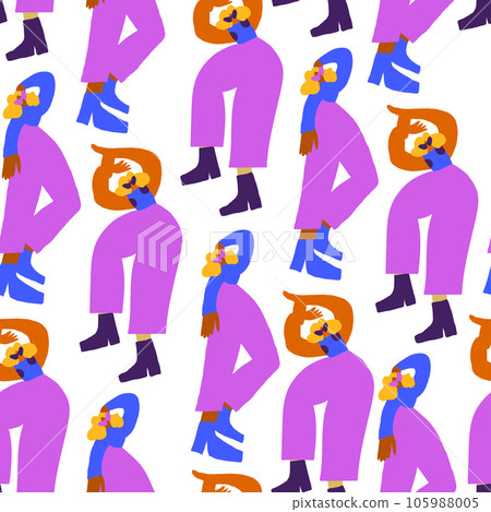 Vector seamless pattern with dancing disco people wearing colorful clothes, 80s vintage style pattern. Retro party background. Vector illustration 105988005