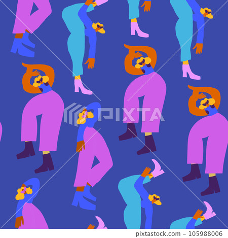 Vector seamless pattern with dancing disco people wearing colorful clothes, 80s vintage style pattern. Retro party background. Vector illustration 105988006
