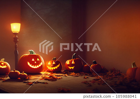 Happy halloween, pumpkins and autumn leaves with light lamp for decorated, 3d rendering Happy halloween, pumpkins and autumn leaves with light lamp for decorated, 3d rendering 105988041