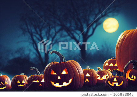 Happy halloween, pumpkins in the dark night creepy trees with moon background, 3d rendering 105988043