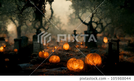 Halloween pumpkin horror in tombstones background, creepy and scary concept, digital art design, 3d rendering Halloween pumpkin horror in tombstones background, creepy and scary concept, digital art design, 3d rendering 105988044