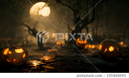Halloween pumpkin horror in dark tombstones background, creepy and scary concept, digital art design, 3d rendering Halloween pumpkin horror in dark tombstones background, creepy and scary concept, digital art design, 3d rendering 105988045