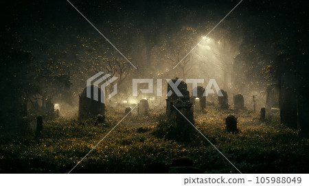 Halloween horror night in dark tombstones background, creepy and scary concept, digital art design, 3d rendering Halloween horror night in dark tombstones background, creepy and scary concept, digital art design, 3d rendering 105988049