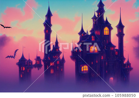 Happy halloween horror with dark gothic castle and bat background, creepy and scary concept, digital art design, 3d rendering Happy halloween horror with dark gothic castle and bat background, creepy and scary concept, digital art design, 3d rendering 105988050