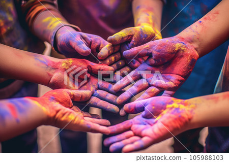 Holly's multi colored paints on her hands. Generative AI technology. 105988103