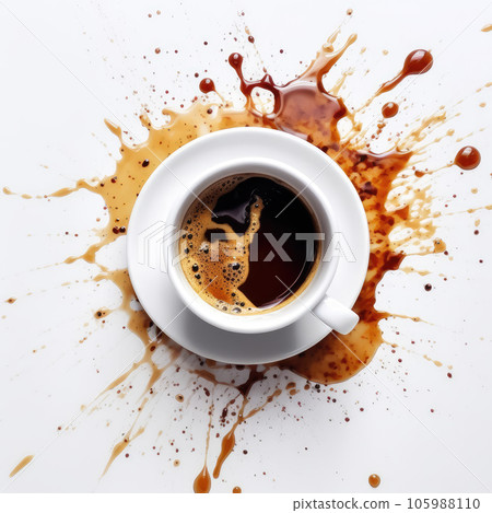 A spilled cup of coffee on a white background. Generative AI technology. 105988110