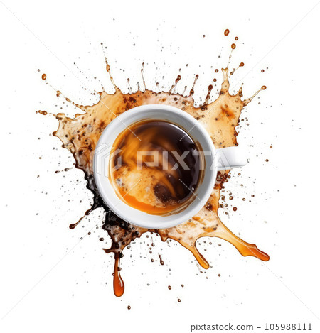 A spilled cup of coffee on a white background. Generative AI technology. 105988111