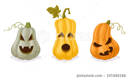 Halloween carved pumpkins. Cartoon pumpkin jack-o-lanterns, scary Halloween decorations. Spooky pumpkins face flat vector illustration set 105988166