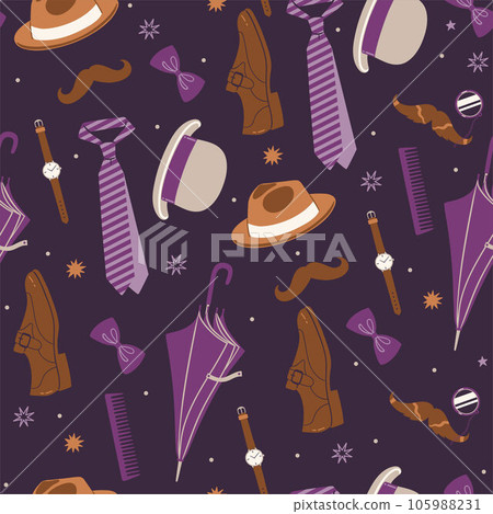 Seamless pattern with men s accessories in purple and brown colors.Vector graphics. Seamless pattern with men s accessories in purple and brown colors.Vector graphics. 105988231