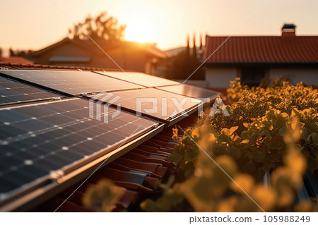Solar panels on the roof of the house. Generative AI technology. Solar panels on the roof of the house. Generative AI technology. 105988249