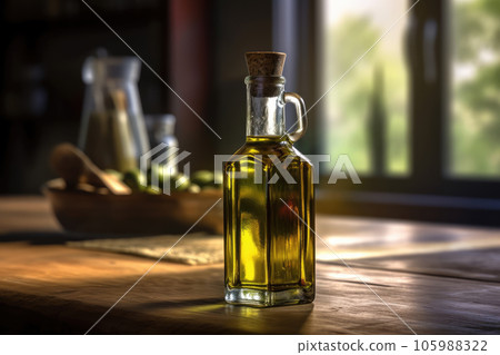 Olive oil on a wooden table. Generative AI technology. 105988322