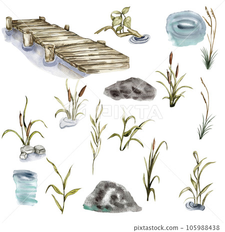 Watercolor hand drawn pier on the lake and river reeds. Watercolor illustration. Perfect for wedding invitation, greetings card, posters. Watercolor hand drawn pier on the lake and river reeds. Watercolor illustration. Perfect for wedding invitation, greetings card, posters. 105988438