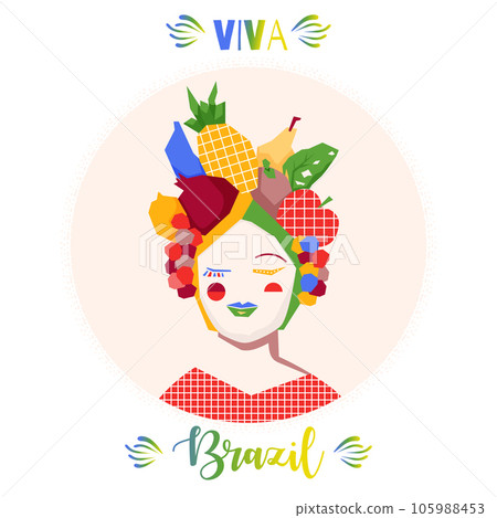 Bright happy girl in a hat with fruits.Poster viva Brazil. Vector illustration 105988453