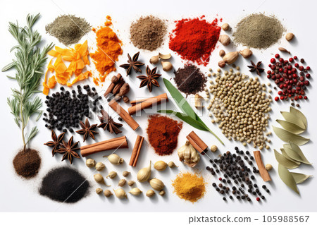 Various spices on a white background. Generative AI technology. 105988567