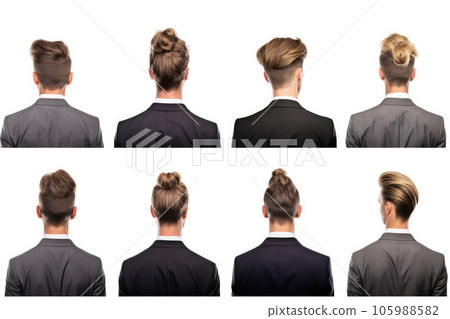 Men with different hairstyles on a white background. Generative AI technology. 105988582