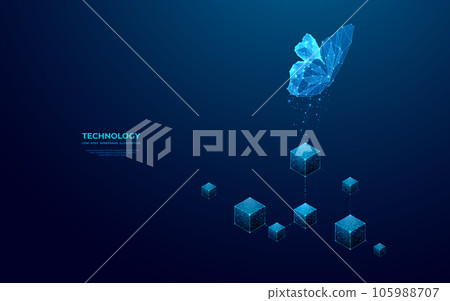 Butterfly flies over linked digital blocks. Metaverse concept. 105988707