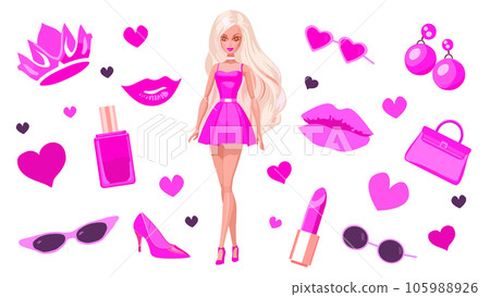 Doll glamorous trendy pink set in cartoon style. Cute blonde doll in pink dress with pink accessories. Paper doll princess for children. Doll collection. Isolated vector 105988926