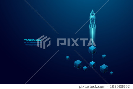 Rocket launch over linked blocks on blue technology background.  105988992
