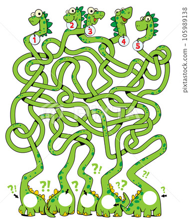 Children logic game to pass the maze. Funny dinosaurs with tangled necks Children logic game to pass the maze. Funny dinosaurs with tangled necks 105989138
