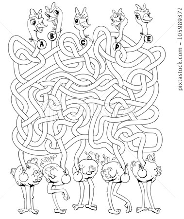 Funny ostriches with long, tangled necks. Children logic game to pass maze 105989372