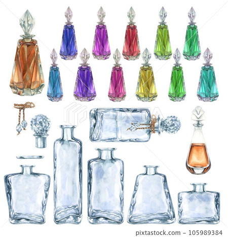 Set of watercolor vintage bottle for perfume and elixirs in fantasy games, in the alchemy laboratory, for magic potions. 105989384