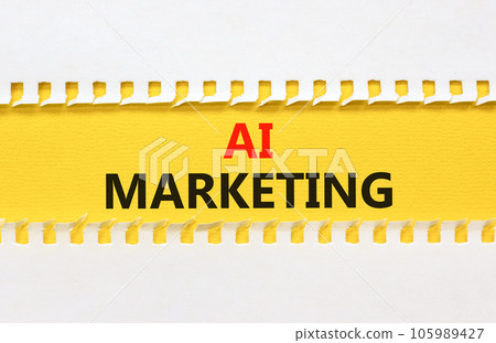 AI marketing symbol. Concept words AI artificial intelligence marketing on beautiful yellow paper. Beautiful white background. Business AI artificial intelligence marketing concept. Copy space. AI marketing symbol. Concept words AI artificial intelligence marketing on beautiful yellow paper. Beautiful white background. Business AI artificial intelligence marketing concept. Copy space. 105989427