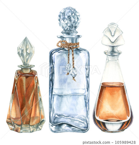 Beautiful watercolor vintage bottles for perfume and elixirs in fantasy games, in the alchemy laboratory, for magic potions 105989428