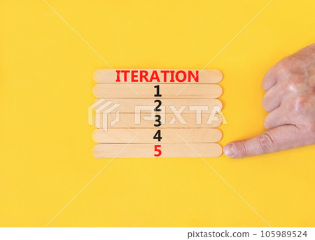 Time to iteration 5 symbol. Concept word Iteration 1 2 3 4 5 on wooden sticks. Businessman hand. Beautiful yellow table yellow background. Business planning and time to iteration 5 concept. Copy space 105989524